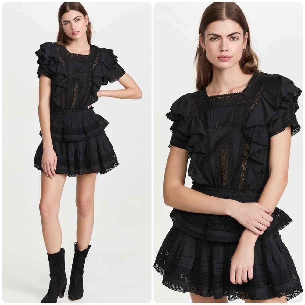 New! Love Shack Fancy Stella Heritage Black Ruffle Lace Mini Dress Small